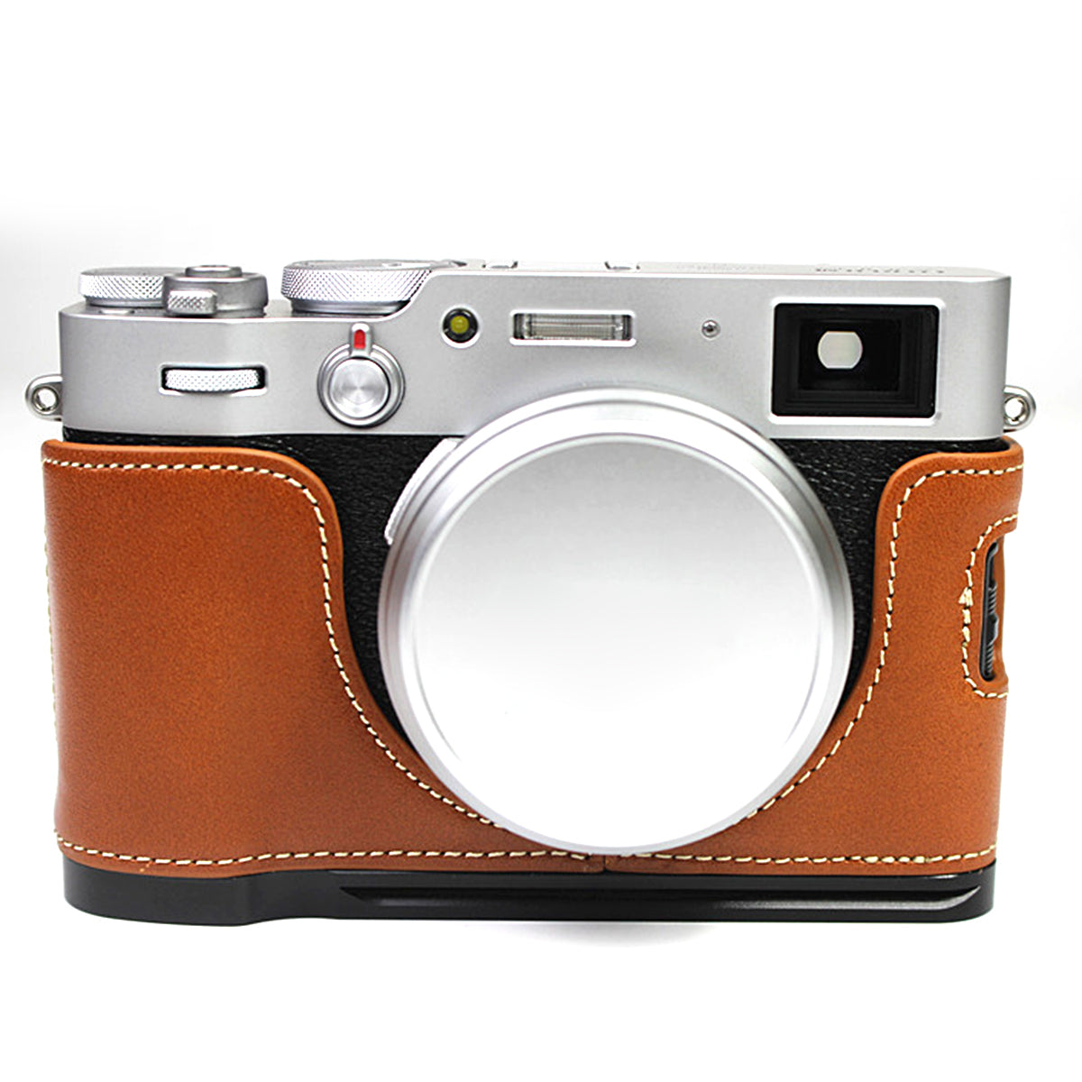 Genuine Leather Camera Half Body Cover Bottom Case Quick Release Plate Set for Fuji X100V - Brown