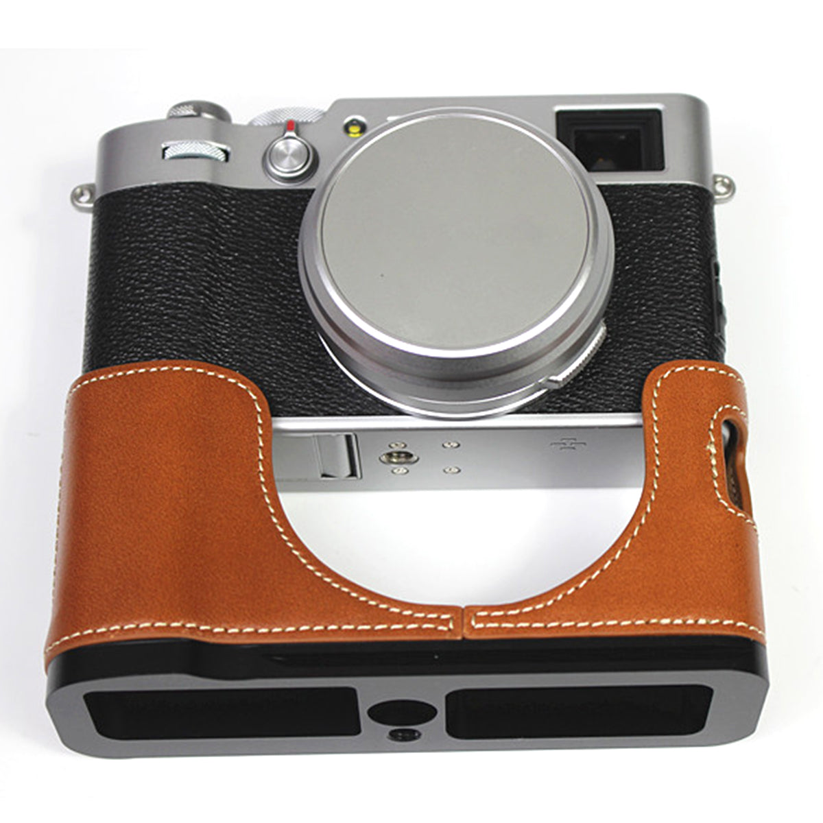 Genuine Leather Camera Half Body Cover Bottom Case Quick Release Plate Set for Fuji X100V - Brown