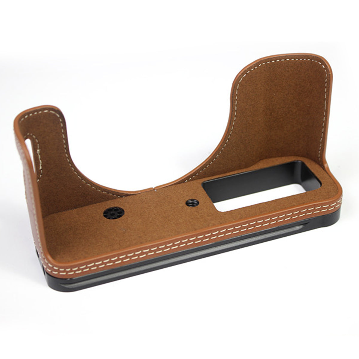 Genuine Leather Camera Half Body Cover Bottom Case Quick Release Plate Set for Fuji X100V - Brown