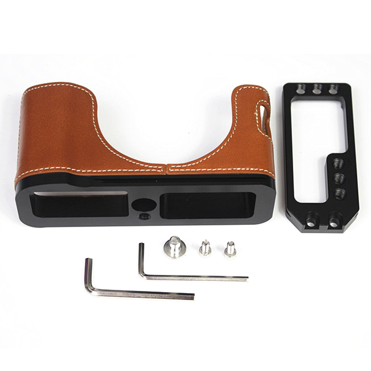 Genuine Leather Camera Half Body Cover Bottom Case Quick Release Plate Set for Fuji X100V - Brown