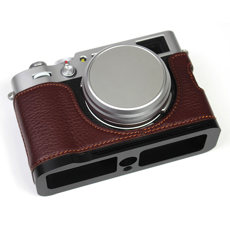 Genuine Leather Camera Half Body Cover Bottom Case Quick Release Plate Set for Fuji X100V - Litchi Texture Coffee