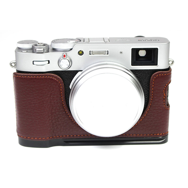 Genuine Leather Camera Half Body Cover Bottom Case Quick Release Plate Set for Fuji X100V - Litchi Texture Coffee