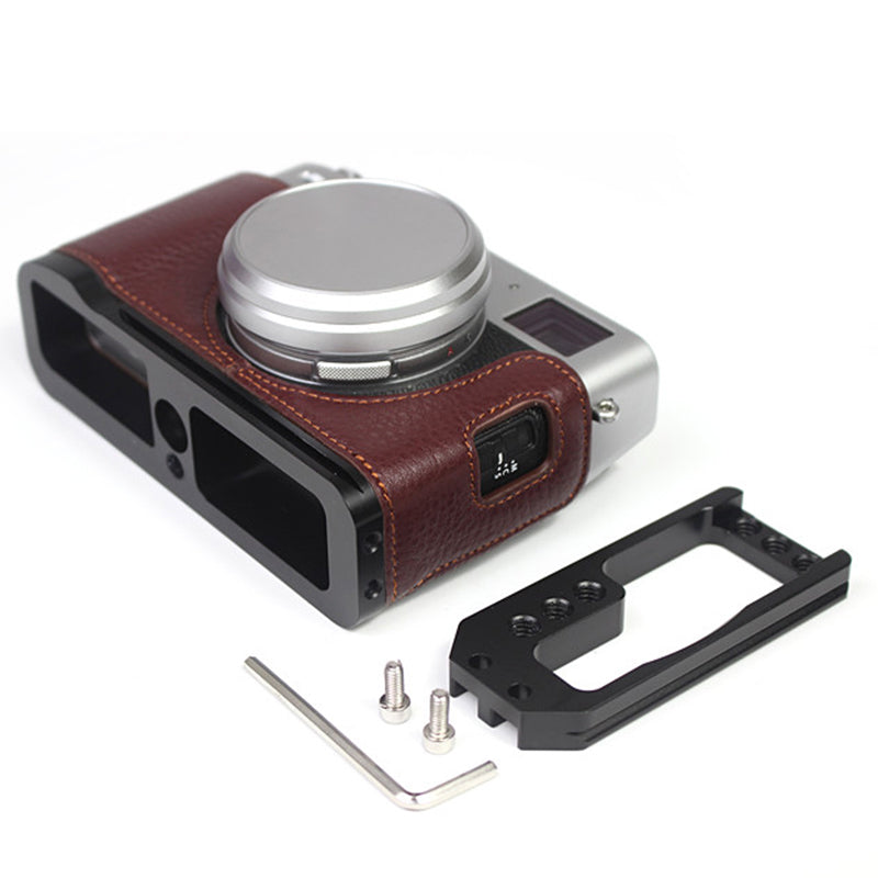 Genuine Leather Camera Half Body Cover Bottom Case Quick Release Plate Set for Fuji X100V - Litchi Texture Coffee