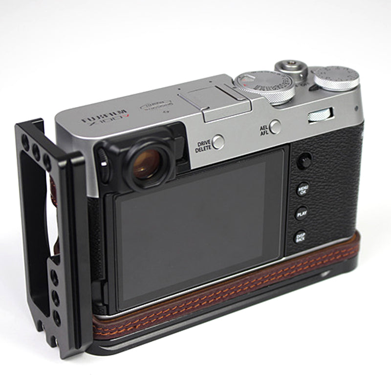 Genuine Leather Camera Half Body Cover Bottom Case Quick Release Plate Set for Fuji X100V - Litchi Texture Coffee