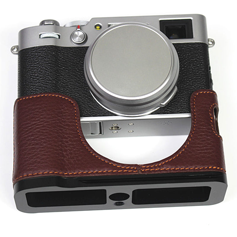 Genuine Leather Camera Half Body Cover Bottom Case Quick Release Plate Set for Fuji X100V - Litchi Texture Coffee