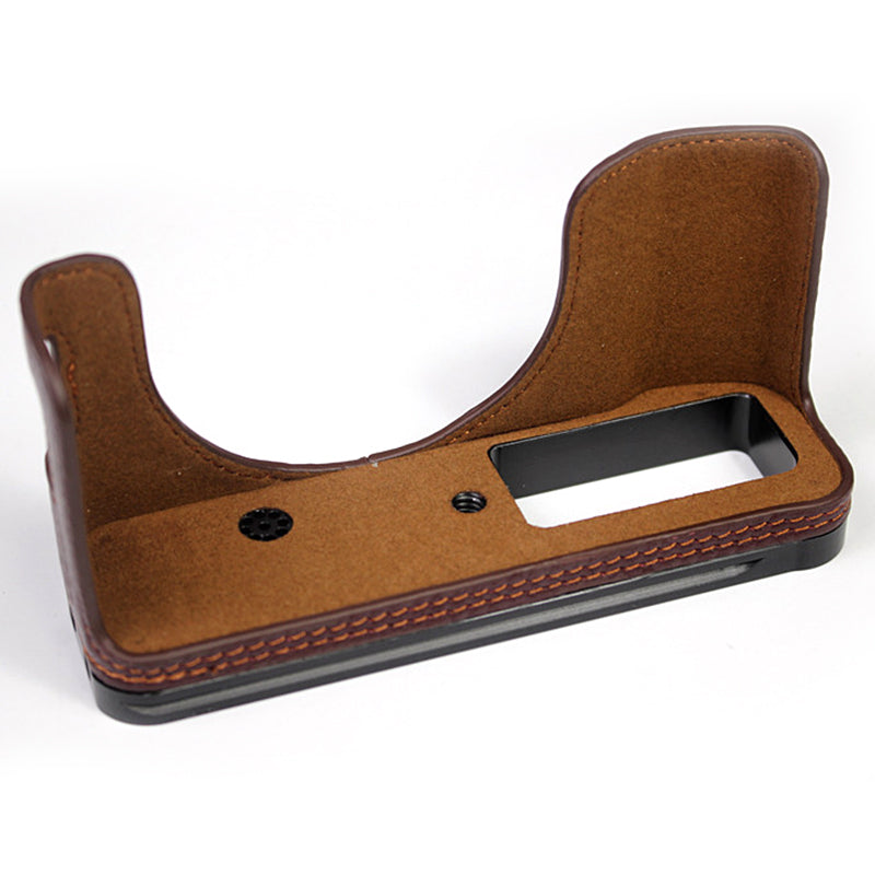 Genuine Leather Camera Half Body Cover Bottom Case Quick Release Plate Set for Fuji X100V - Litchi Texture Coffee