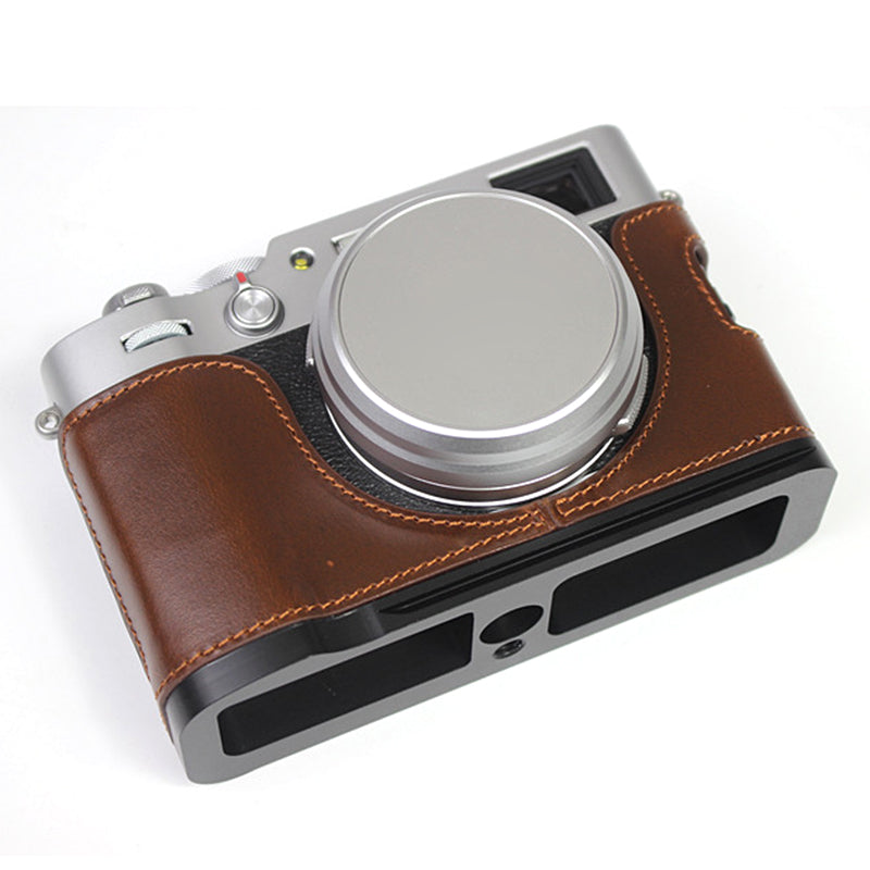 Genuine Leather Camera Half Body Cover Bottom Case Quick Release Plate Set for Fuji X100V - Coffee