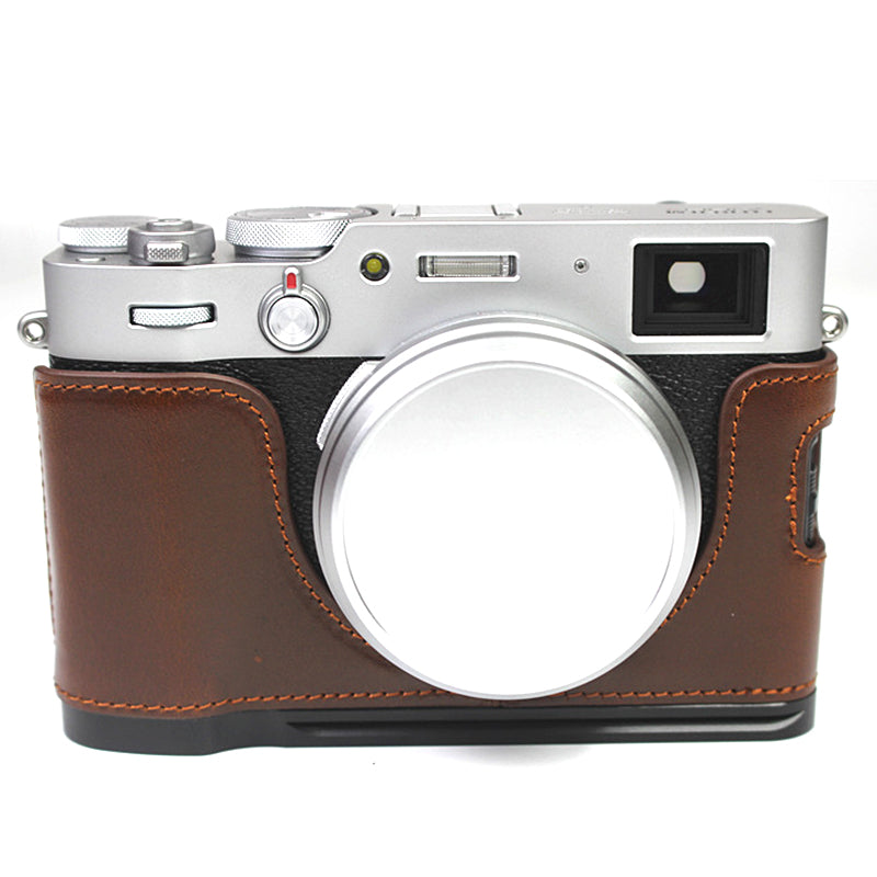 Genuine Leather Camera Half Body Cover Bottom Case Quick Release Plate Set for Fuji X100V - Coffee