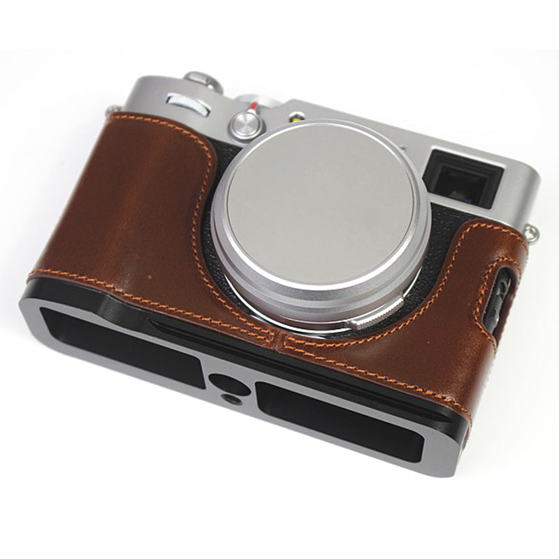 Genuine Leather Camera Half Body Cover Bottom Case Quick Release Plate Set for Fuji X100V - Coffee