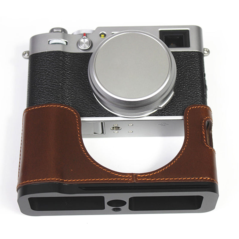 Genuine Leather Camera Half Body Cover Bottom Case Quick Release Plate Set for Fuji X100V - Coffee