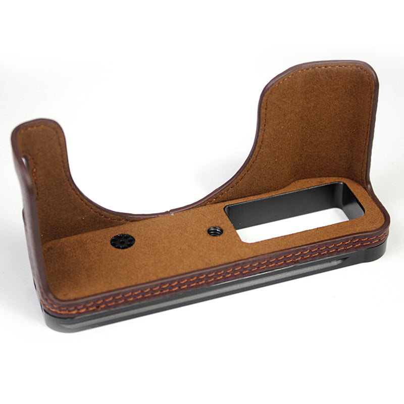 Genuine Leather Camera Half Body Cover Bottom Case Quick Release Plate Set for Fuji X100V - Coffee