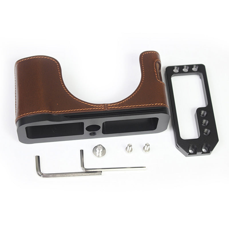 Genuine Leather Camera Half Body Cover Bottom Case Quick Release Plate Set for Fuji X100V - Coffee