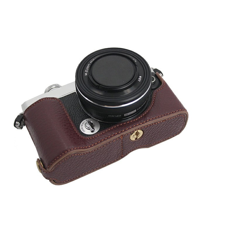 Camera Bottom Case Genuine Leather Protective Half Cover with Battery Opening for Olympus PEN E-P7/EP7 - Coffee