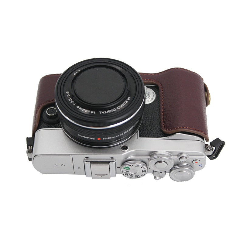 Camera Bottom Case Genuine Leather Protective Half Cover with Battery Opening for Olympus PEN E-P7/EP7 - Coffee