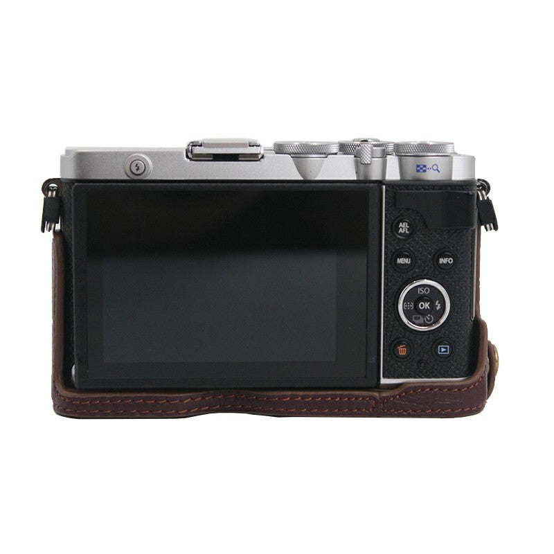 Camera Bottom Case Genuine Leather Protective Half Cover with Battery Opening for Olympus PEN E-P7/EP7 - Coffee