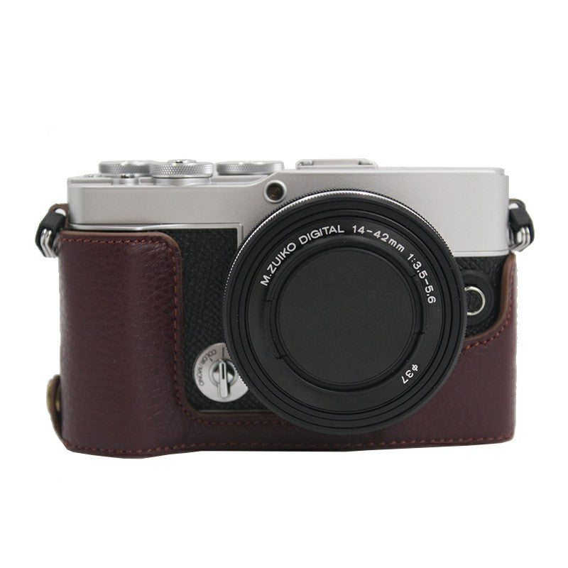 Camera Bottom Case Genuine Leather Protective Half Cover with Battery Opening for Olympus PEN E-P7/EP7 - Coffee
