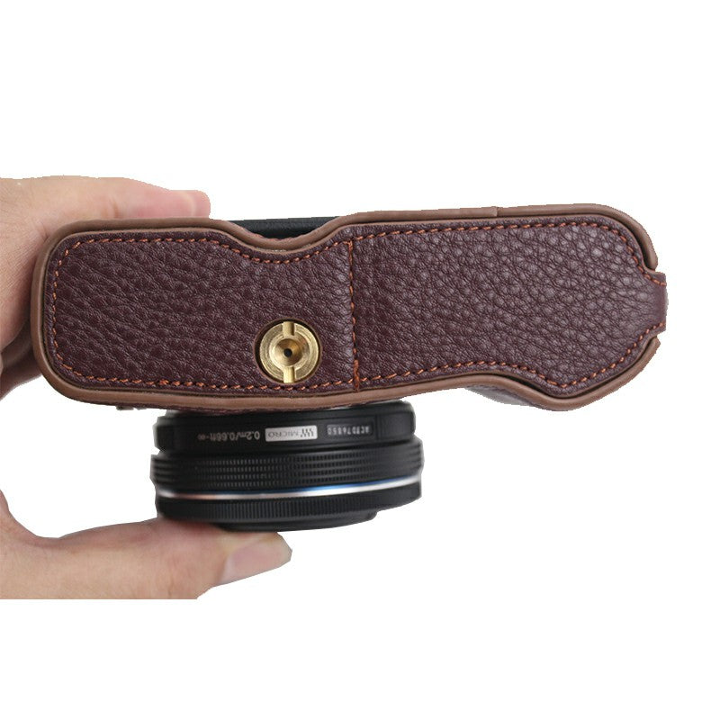 Camera Bottom Case Genuine Leather Protective Half Cover with Battery Opening for Olympus PEN E-P7/EP7 - Coffee