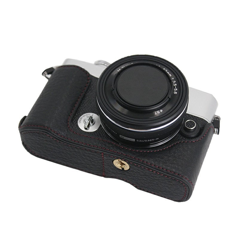 Camera Bottom Case Genuine Leather Protective Half Cover with Battery Opening for Olympus PEN E-P7/EP7 - Black
