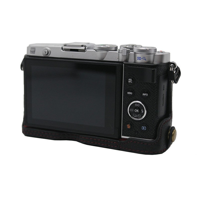 Camera Bottom Case Genuine Leather Protective Half Cover with Battery Opening for Olympus PEN E-P7/EP7 - Black
