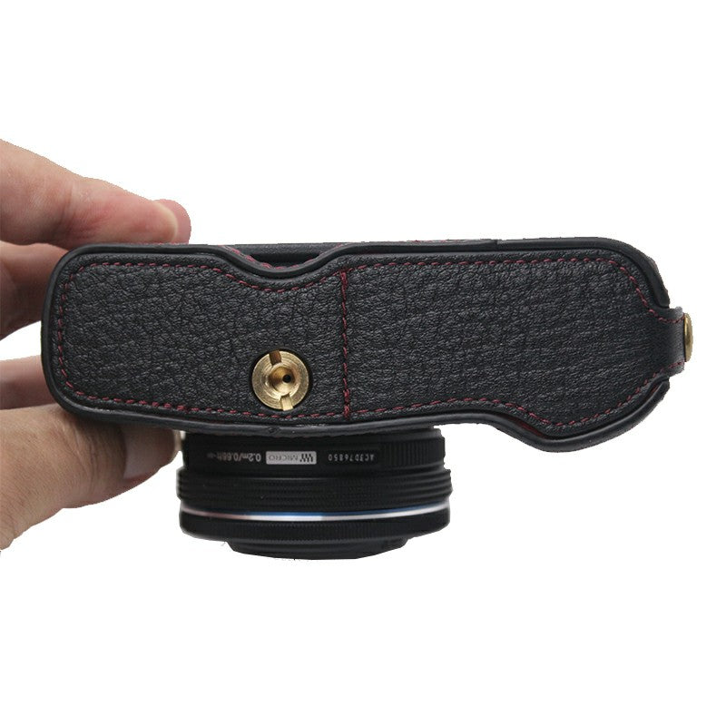 Camera Bottom Case Genuine Leather Protective Half Cover with Battery Opening for Olympus PEN E-P7/EP7 - Black
