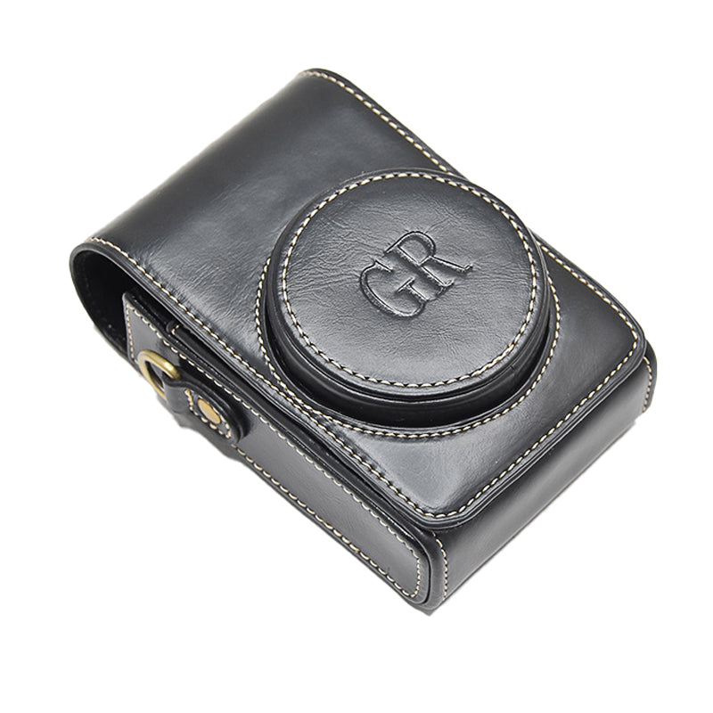 PU Leather Camera Bag Protective Cover with Shoulder Strap for Ricoh GR III/GR II - Black/with Letters