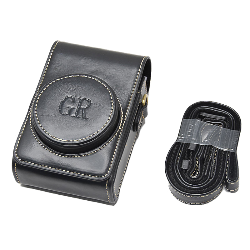 PU Leather Camera Bag Protective Cover with Shoulder Strap for Ricoh GR III/GR II - Black/with Letters