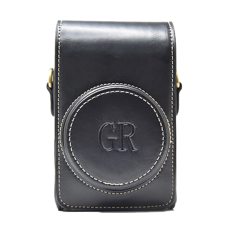 PU Leather Camera Bag Protective Cover with Shoulder Strap for Ricoh GR III/GR II - Black/with Letters