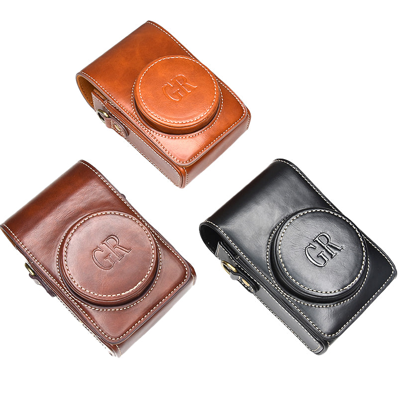 PU Leather Camera Bag Protective Cover with Shoulder Strap for Ricoh GR III/GR II - Brown/with Letters