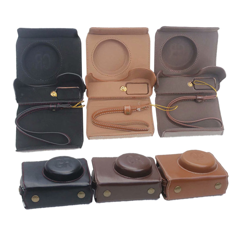 Detachable Battery Opening Design PU Leather Camera Bag Protective Cover with Hand Strap for Ricoh GR III - Black