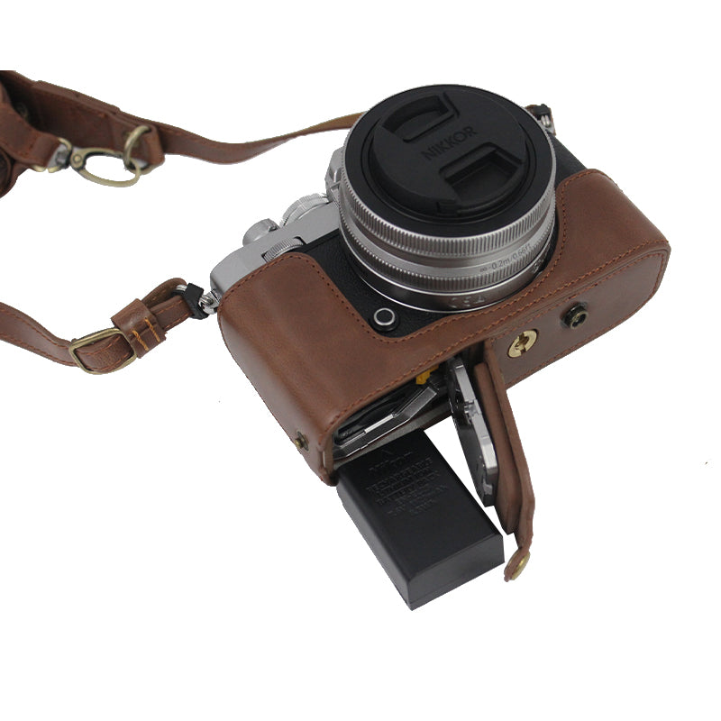 PU Leather Detachable Camera Bag Case Battery Opening Design Protective Cover with Lens Pouch and Shoulder Strap for Nikon Z fc 28mm - Coffee