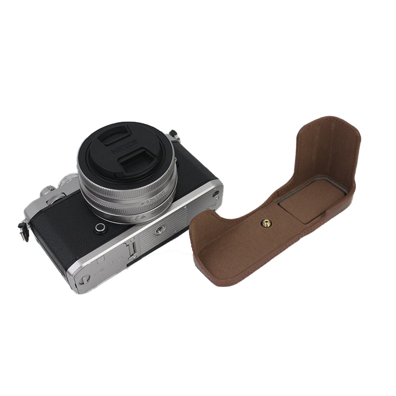 PU Leather Detachable Camera Bag Case Battery Opening Design Protective Cover with Lens Pouch and Shoulder Strap for Nikon Z fc 28mm - Coffee