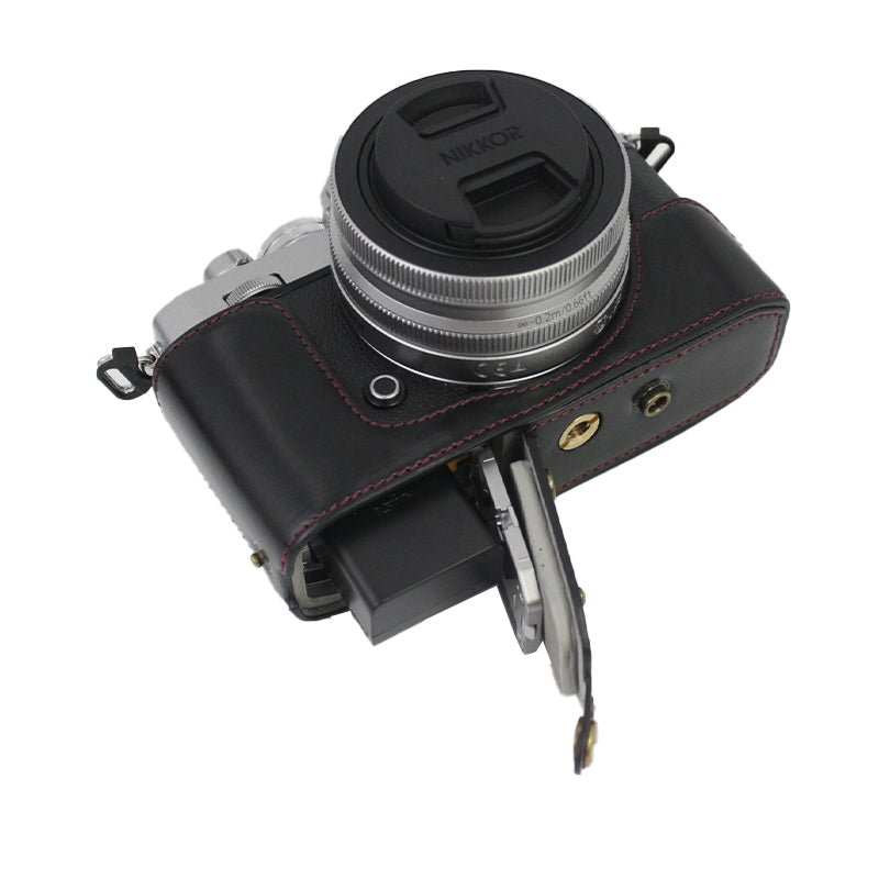 PU Leather Detachable Camera Bag Case Battery Opening Design Protective Cover with Lens Pouch and Shoulder Strap for Nikon Z fc 28mm - Black