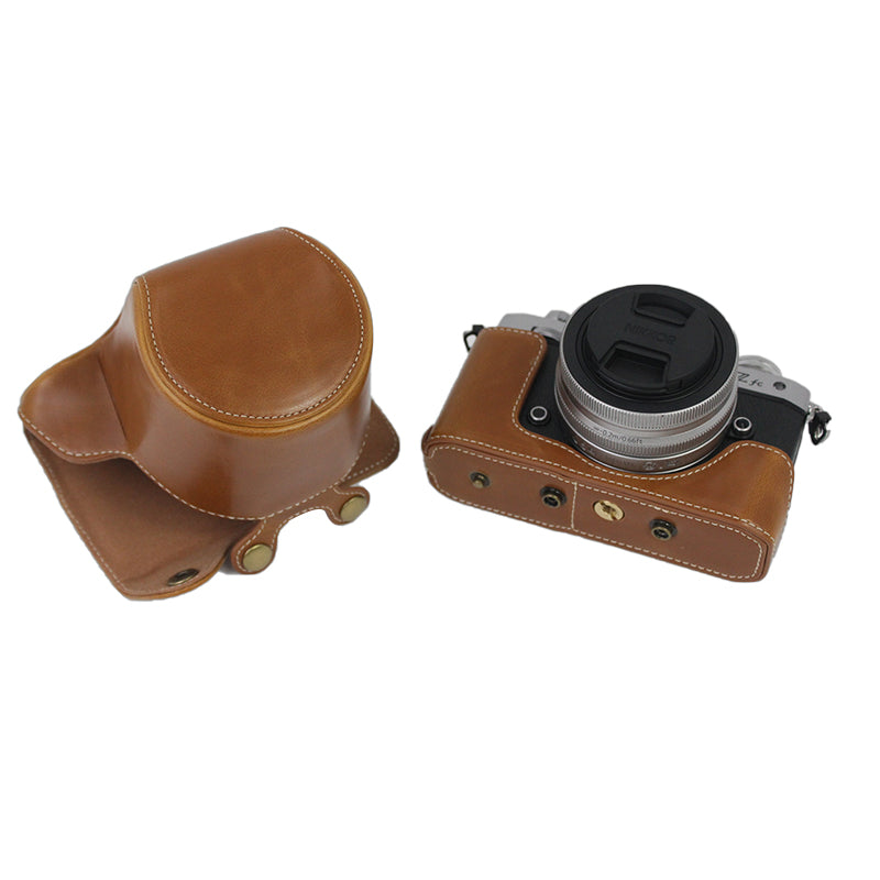 PU Leather Detachable Camera Bag Case Battery Opening Design Protective Cover with Lens Pouch and Shoulder Strap for Nikon Z fc 28mm - Brown