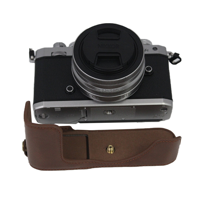 Camera Bag Bottom Case PU Leather Protective Half Body Cover with Battery Opening for Nikon Z fc - Coffee