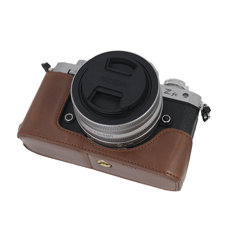 Camera Bag Bottom Case PU Leather Protective Half Body Cover with Battery Opening for Nikon Z fc - Coffee