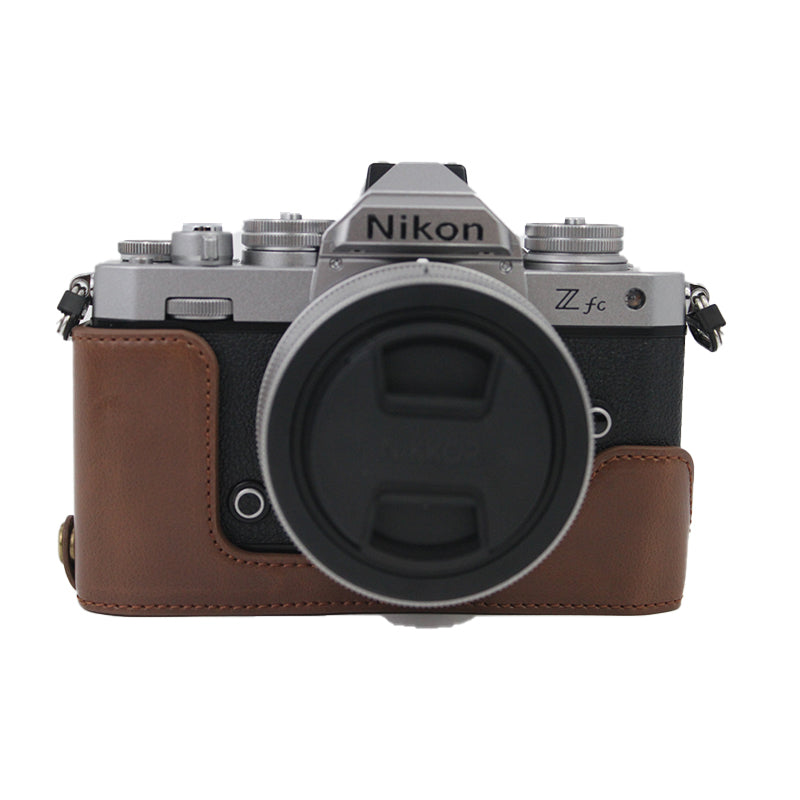 Camera Bag Bottom Case PU Leather Protective Half Body Cover with Battery Opening for Nikon Z fc - Coffee