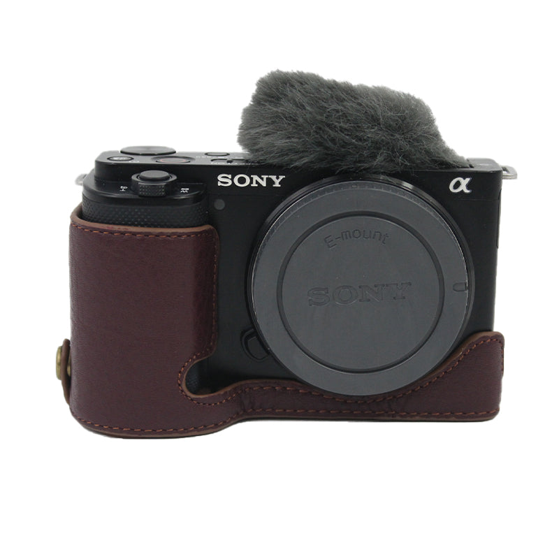 Genuine Leather Camera Bottom Case Protective Half Body Cover with Battery Opening for Sony ZV-E10 - Coffee