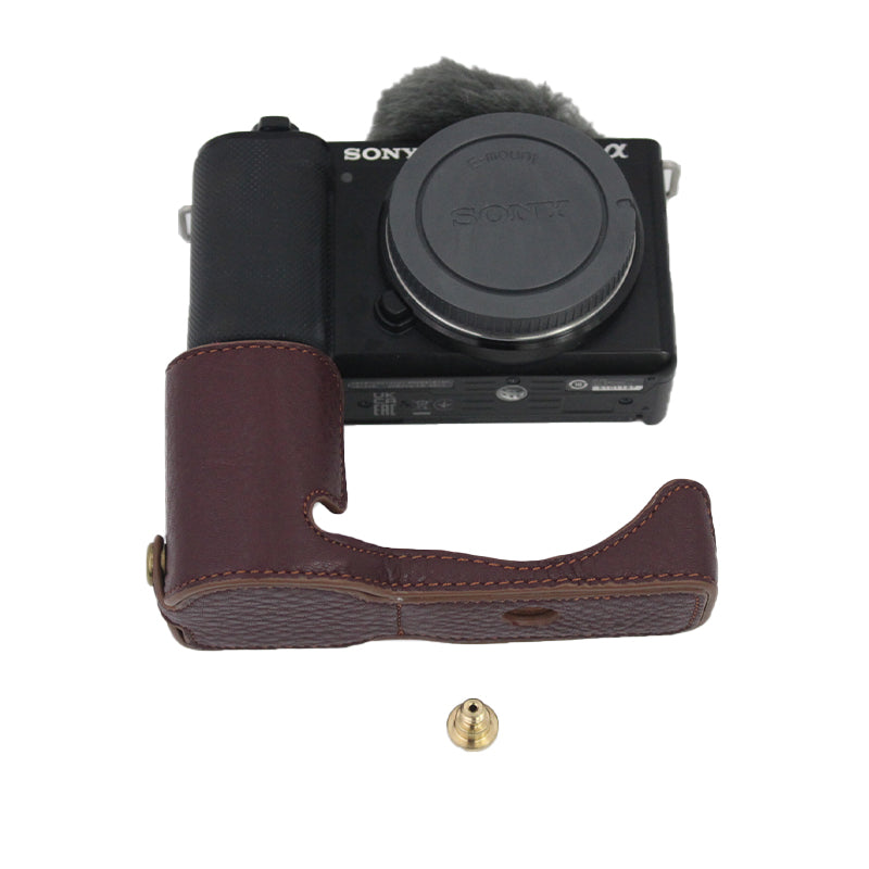 Genuine Leather Camera Bottom Case Protective Half Body Cover with Battery Opening for Sony ZV-E10 - Coffee