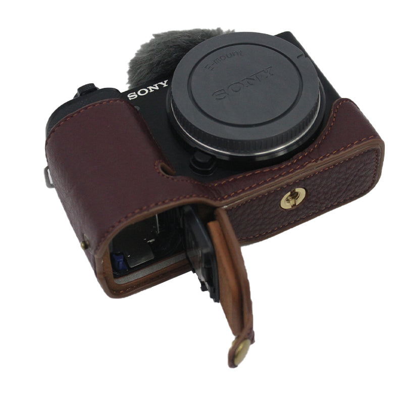 Genuine Leather Camera Bottom Case Protective Half Body Cover with Battery Opening for Sony ZV-E10 - Coffee