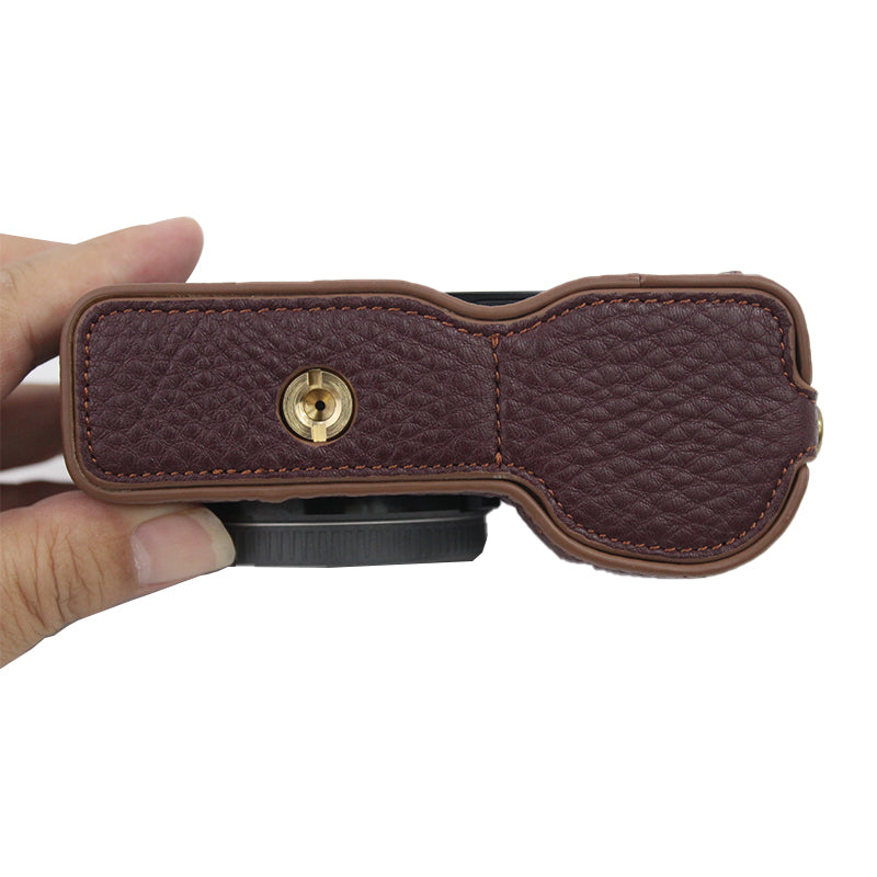 Genuine Leather Camera Bottom Case Protective Half Body Cover with Battery Opening for Sony ZV-E10 - Coffee