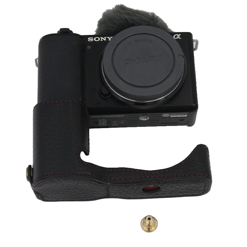 Genuine Leather Camera Bottom Case Protective Half Body Cover with Battery Opening for Sony ZV-E10 - Black