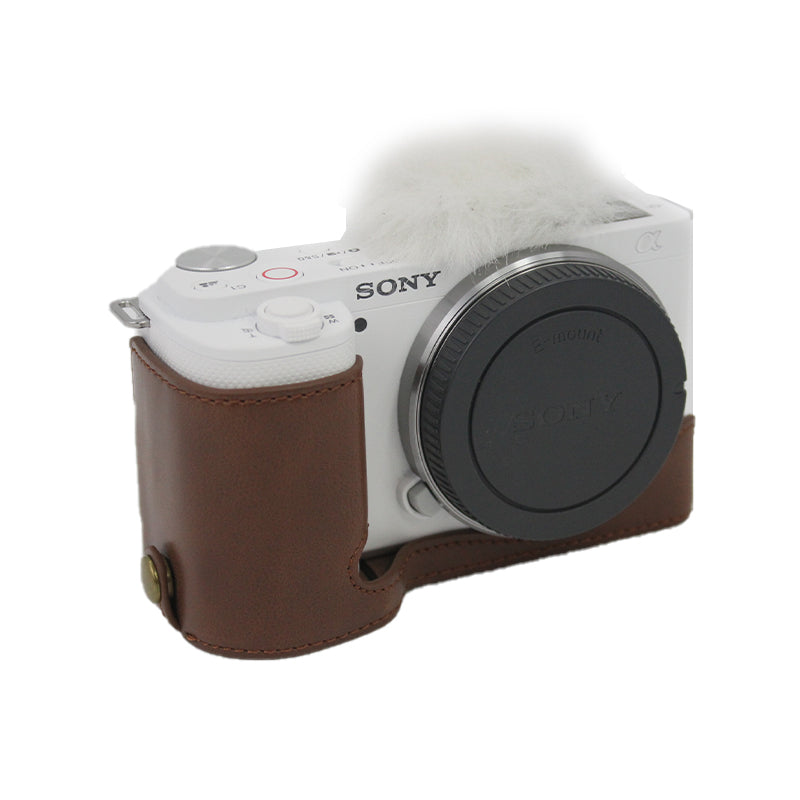 Camera Bottom Case Bag PU Leather Protective Half Body Cover with Battery Opening for Sony ZV-E10 - Coffee