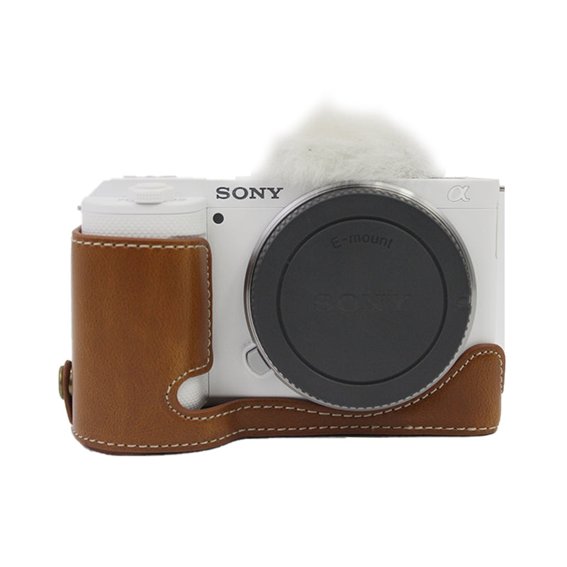 Camera Bottom Case Bag PU Leather Protective Half Body Cover with Battery Opening for Sony ZV-E10 - Brown