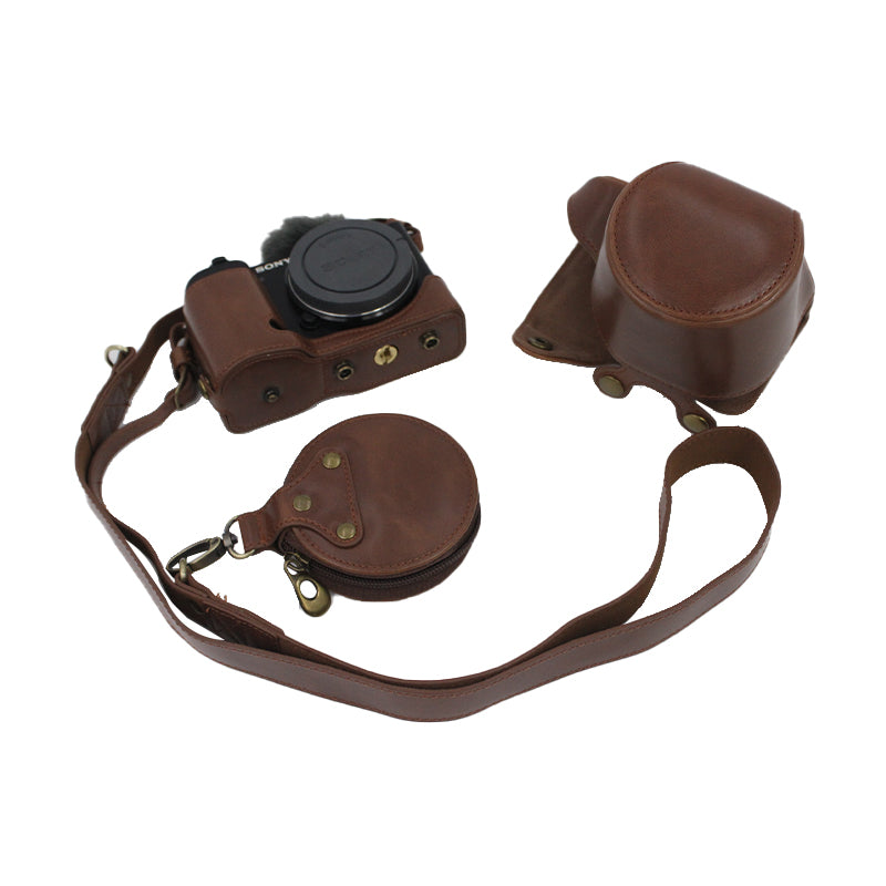 PU Leather Detachable Camera Bag Battery Opening Design Protective Case Cover with Accessories Pouch Shoulder Strap for Sony ZV-E10 - Coffee
