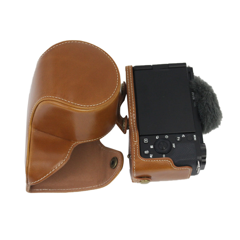 PU Leather Detachable Camera Bag Battery Opening Design Protective Case Cover with Accessories Pouch Shoulder Strap for Sony ZV-E10 - Brown