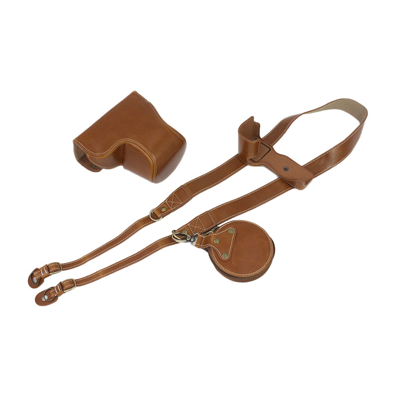 PU Leather Detachable Camera Bag Battery Opening Design Protective Case Cover with Accessories Pouch Shoulder Strap for Sony ZV-E10 - Brown