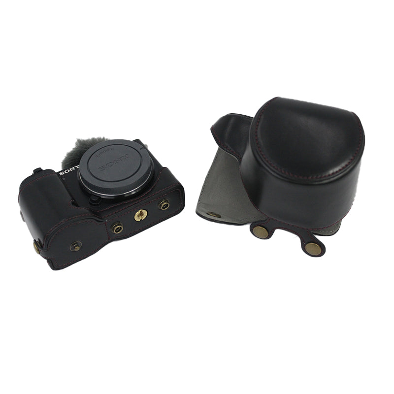 PU Leather Detachable Camera Bag Battery Opening Design Protective Case Cover with Accessories Pouch Shoulder Strap for Sony ZV-E10 - Black