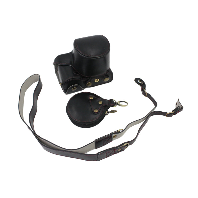 PU Leather Detachable Camera Bag Battery Opening Design Protective Case Cover with Accessories Pouch Shoulder Strap for Sony ZV-E10 - Black