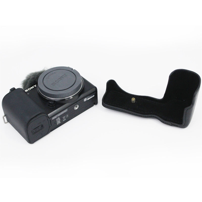 Vintage PU Leather Case Lens Body Protector Cover with Shoulder Strap for Sony ZVE10 ZV-E10 - Black