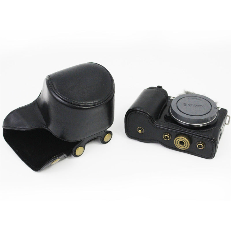 Vintage PU Leather Case Lens Body Protector Cover with Shoulder Strap for Sony ZVE10 ZV-E10 - Black